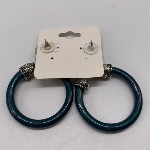 Silver Tone Hoop Earrings Boho Vintage Swirl Teal - Picture 6 of 7